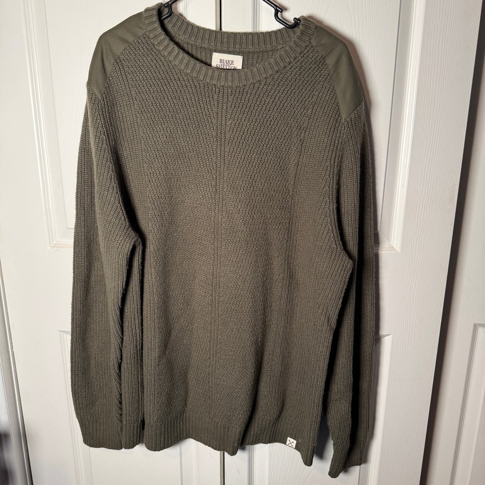 Blake Shelton Lands End Olive Green Knit Sweater Mens XL Shoulder Patches
